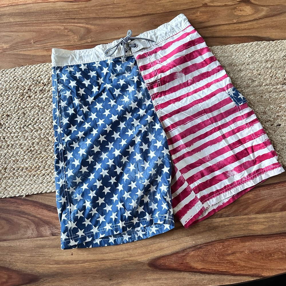 RS Surf USA red, white blue stars & stripes old glory men’s novelty swim shorts